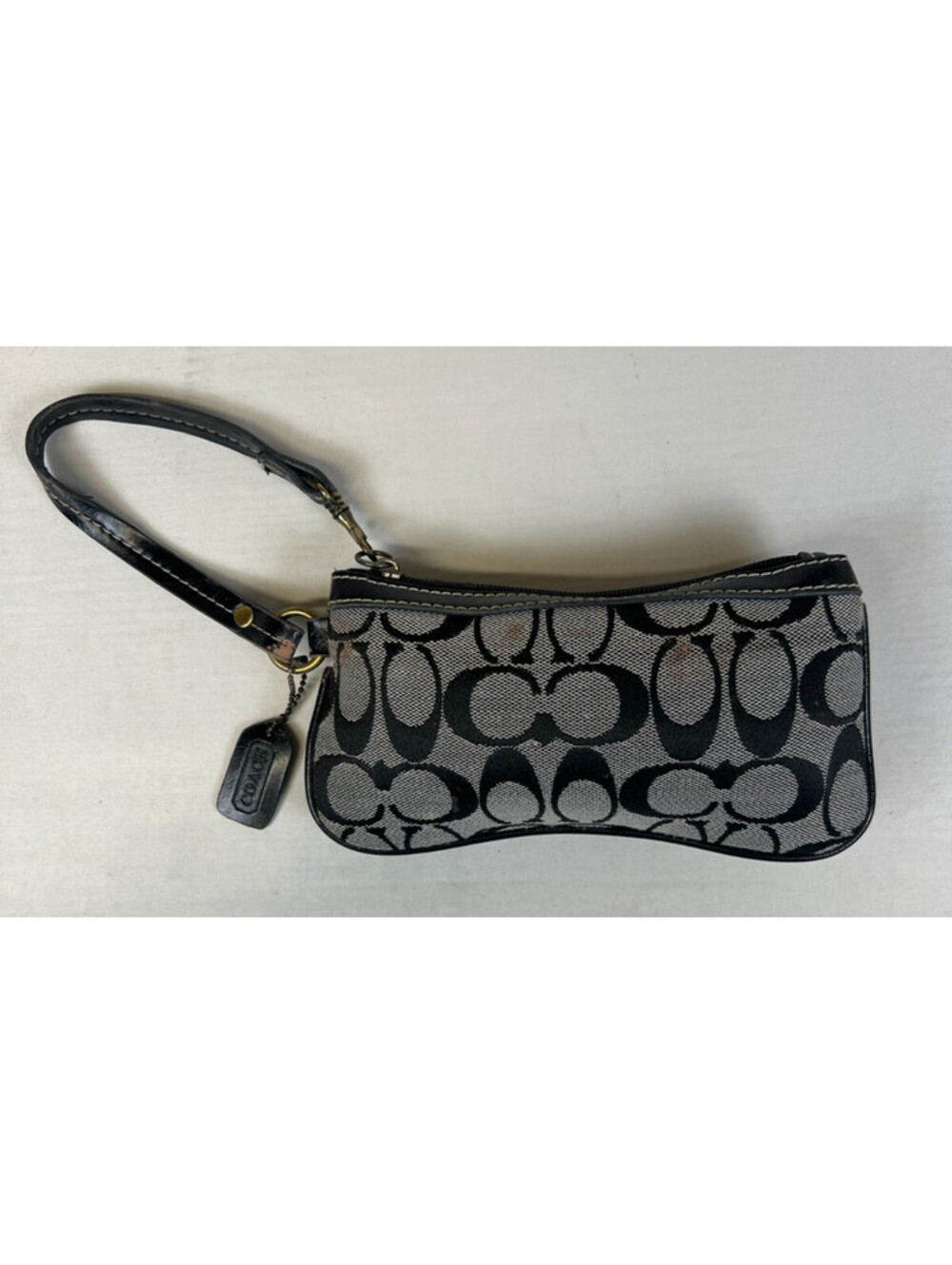 Coach Signature Women Small Wristlet Black Gray Canvas Leather Strap Handbag